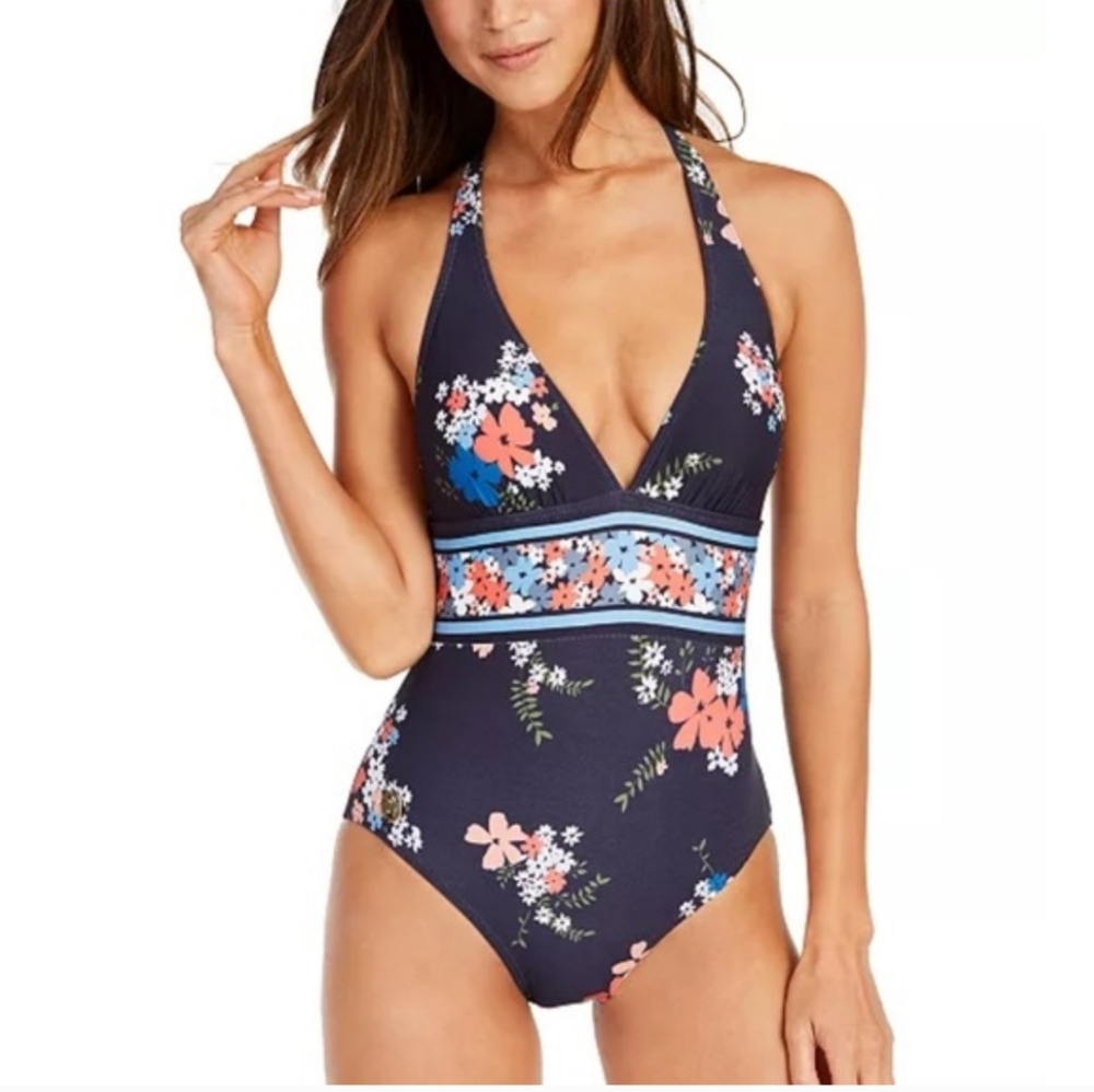 NWT Michael Kors Cruise 2020 Navy Floral Halter One-Piece Swimsuit. SZ 6